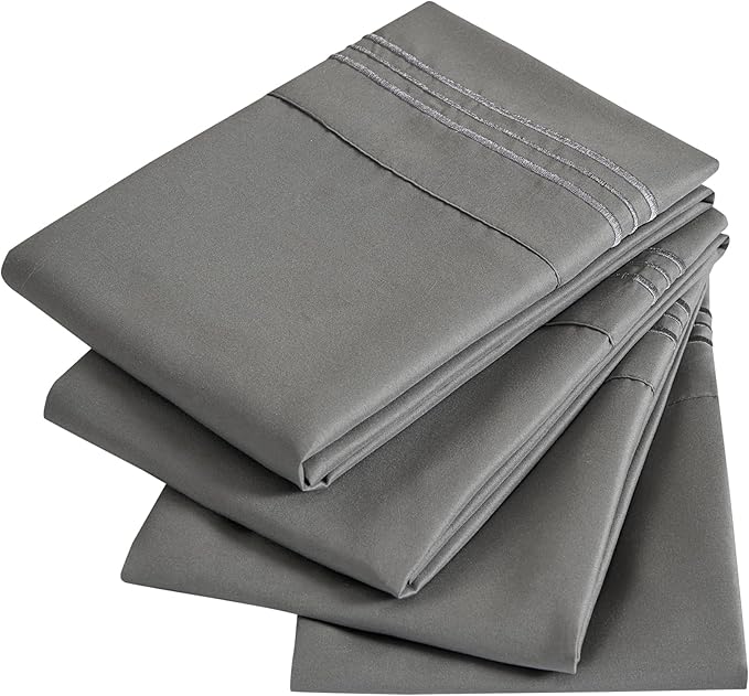 YIYEA King Pillow Cases Set of 4, Ultra Soft 1800TC Hotel Quality Double Brushed Microfiber Embroidered Pillowcases, Envelope Closure, Fade Resistant (20"x36", Dark Grey)