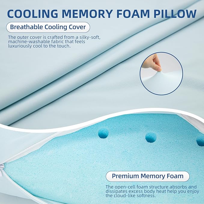 Sycoodeal Cooling Memory Foam Pillow Standard Size with Washable Pillow Cover, Ergonomic Supportive Neck Pillow, Slow Rebound Comfort Bed Pillow for Back, Stomach & Side Sleepers (1 Pack)