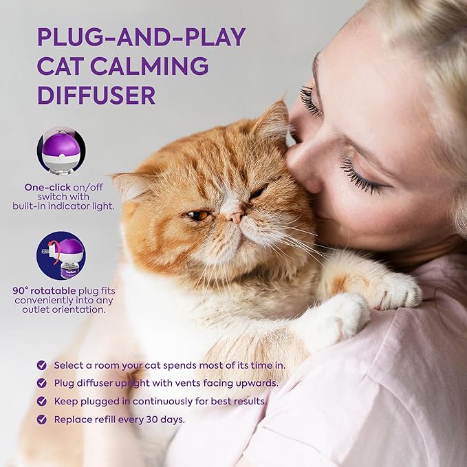 TopSum Cat Calming Pheromone Diffuser: Feline Pheromones Plug in for Stress, Along At Home, Spraying, Fighting, Scratching, Aggression & Excessive Meowing (Purple– 4 Refills)