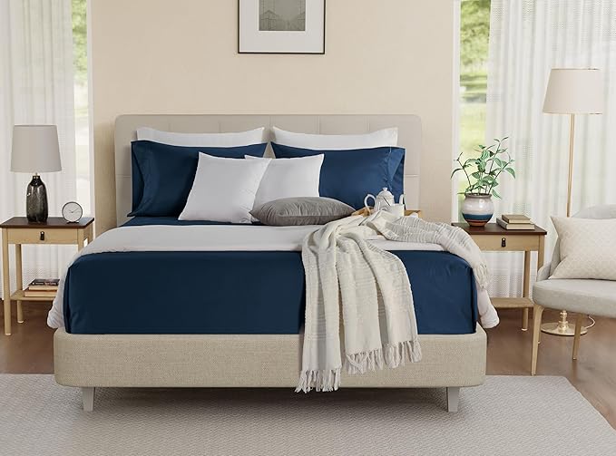 100% Egyptian Cotton Sheets For California King Size Bed, 800TC Sateen Weave CalKing Sheet Set, 15" Deep Pocket Elasticated Sheet & Pillowcase Sets, Soft, Cool, & Breathable - Dark denim