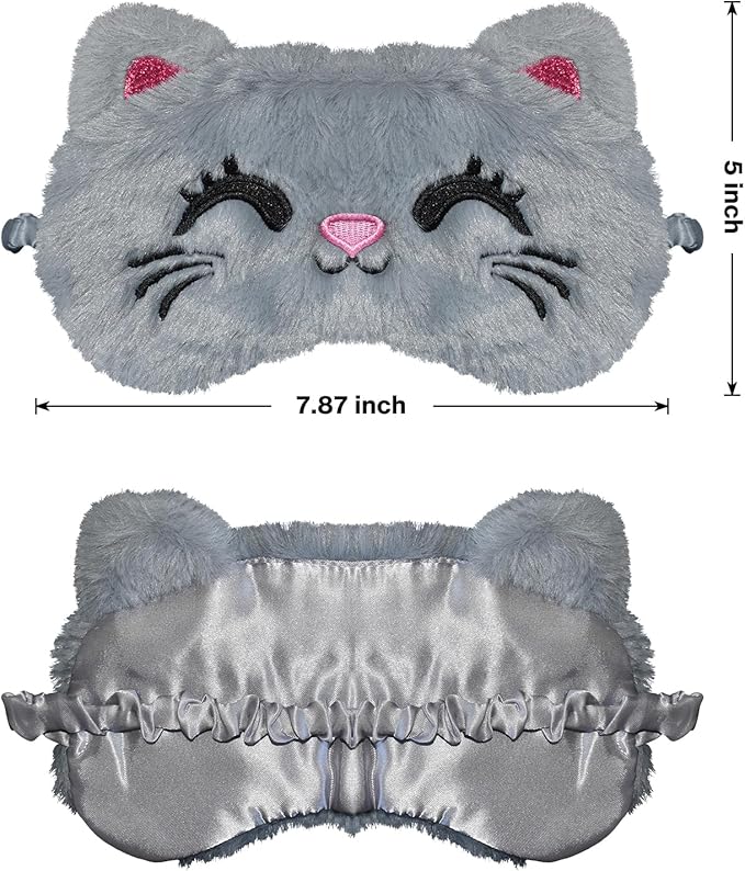 Cute Cat Sleeping Mask Eye Mask Funny Animal Kitten Sleep Mask Soft Plush Blindfold Travel Eye Cover Eyeshade for Kids Adults Girls Boys Women Men (Cat, Gray)
