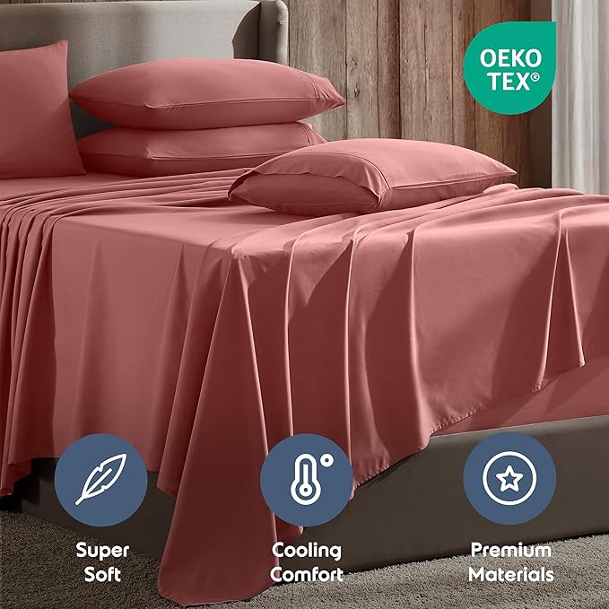 Nestl Extra Deep Split King Sheet Set - 7 Piece Breathable & Cooling Sheets - Hotel Luxury Bedding Set w/18-24 Inch Deep Pockets - Easy & Secure Fit - Super Soft, Wrinkle Free & Comfy - Pink Clay