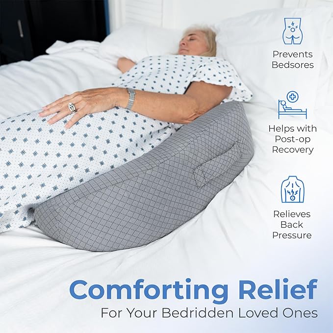 Zomaple Bedsore Pressure Relief Pillow, Grey – Offload Pressure to Prevent Bed Sores & Ease Turning – 30° Positioning, Cooling Gel Top, 2 Non-Skid Removable Covers – Knee Wedge Pillow Versatility