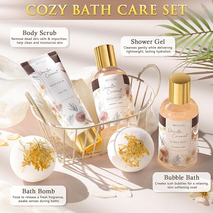 Mothers Day Birthday Gifts for Women, Vanilla Coconut Relaxing Spa Gift Baskets for Women Self Care Package Bath Gift Set, Home Bath and Body Kit Pampering Gifts for Womens Her Mom Friends Sister Wife