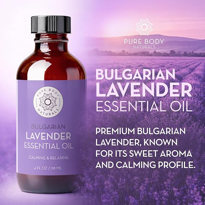 Pure Body Naturals Bulgarian Lavender Essential Oil, 4 Fl Oz - Therapeutic Grade 100% Pure Lavender Essential Oil from Bulgaria – for Diffuser, Aromatherapy & DIY