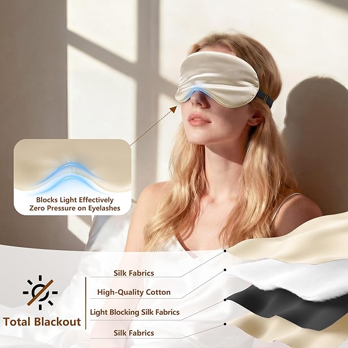 Sleep Mask Silk Eye Mask for Men Sleeping Mask, Adjustable Elastic Strap for Night Shading Sleep Mask, Soft and Comfortable for Both Men and Women (Champagne, 3 Packs)