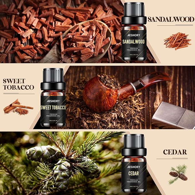 Gentlemen's Essential Oils Set - 6x10ML Mens Fragrance Oil for Candle Making, Diffuser - Sandalwood, Cedar, Leather, Sweet Tobacco, Bay Rum, Cologne Aromatherapy Oils for Men