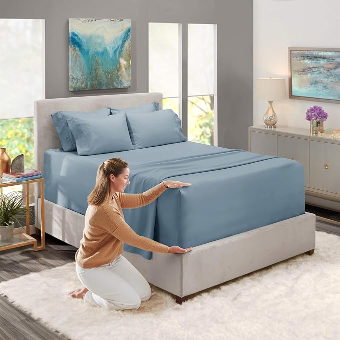 Hearth & Harbor Bed Sheets, Luxury Soft 6 Piece Bed Sheet Set Extra Deep Pocket Fitted Sheets Fits Mattress up to 21", Double Brushed Bedding Sheets & Pillowcases, Twin XL, Soft Blue