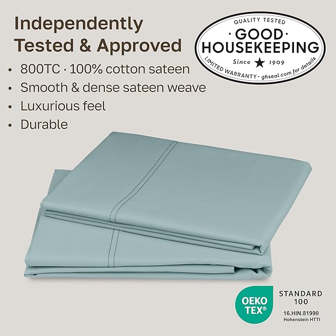 Heirloom Soft, Smooth & Thick Certified 800 Thread Count 100% Cotton Sateen, 2 Pillow Cases King Size, Fits King Pillows (Soft Celadon)