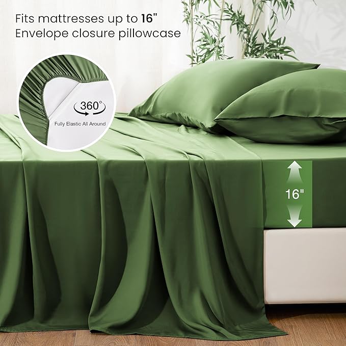 Love's cabin 3 Piece Twin XL Sheet Set, 100% Rayon Derived from Bamboo, Cooling & Breathable, Soft Silky Deep Pocket up to 16", Hotel Luxury Bedding for Hot Sleepers, Olive Green