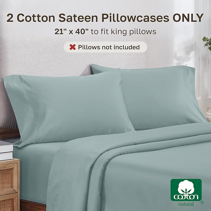 Heirloom Soft, Smooth & Thick Certified 800 Thread Count 100% Cotton Sateen, 2 Pillow Cases King Size, Fits King Pillows (Soft Celadon)