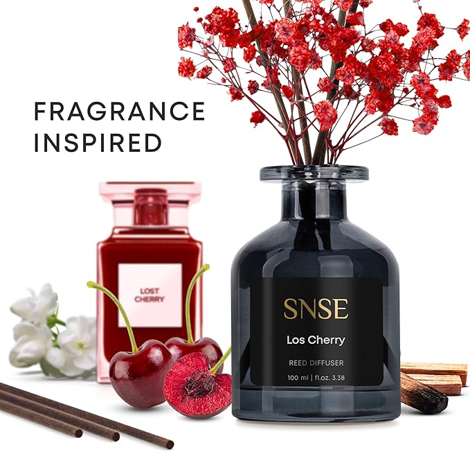 SNSE Los Cherry with Flowers Perfumed Reed Diffuser Set | 3.38 oz Scent Fragrance Oil Diffuser for Bedroom, Bathroom, Home Décor and Gift, Decorative Air Fresheners with Sticks