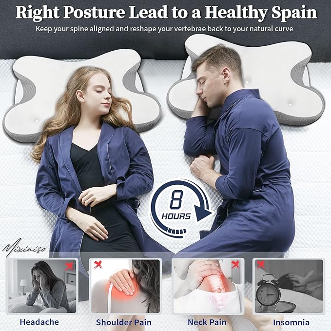 Cervical Pillow for Neck Pain Relief, Ergonomic Contour Side Sleeper Pillows for Adults, Cooling Memory Foam Pillows for Side Back & Stomach Sleepers as Ideal Gifts