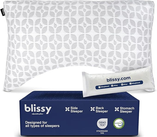 BLISSY Adjustable Memory Foam Pillow for Sleeping (Queen Size) - Cooling Gel Pillows for Side Sleepers with Shredded Foam for Customizable Loft - CertiPUR-US & Oeko-TEX