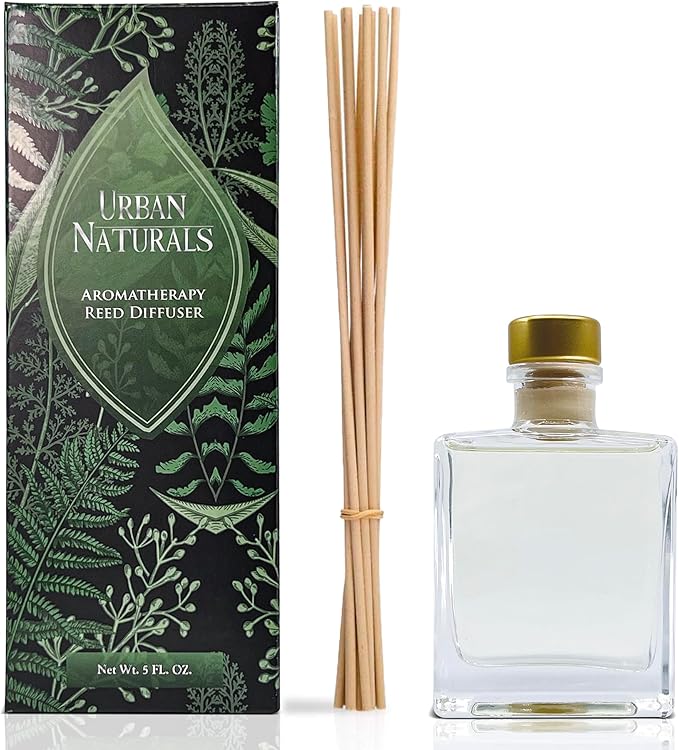 Urban Naturals Oud Reed Diffuser Set – Bergamot, Raspberry, Oud, Musk, Warm Amber – Made with Essential Oils – Sleek Rectangular Refillable Glass Bottle – Made in the USA