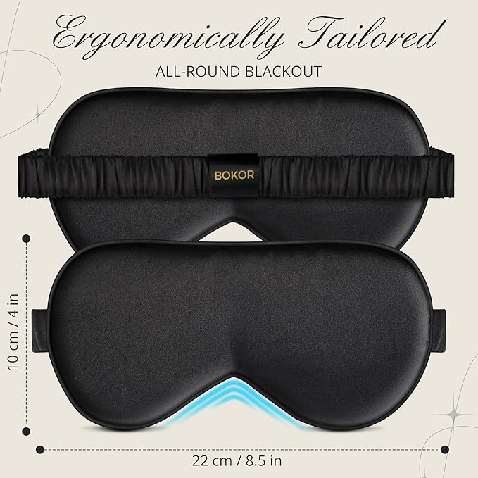BOKOR Silk Sleep Mask, Eye Mask for Sleep, Mulberry Silk Luxury Eye Cover, Light-Blocking, Skin-Friendly & Lightweight, Reduces Puffy Eyes - with Travel Bag & Gift Package - Black