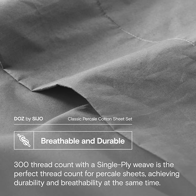 DOZ 100% Long Staple Cotton Sheet Sets, Classic Crisp Percale Weave, Breathable, Matte Finish, Hotel Style, Durable, 4pc – 2 Pillowcases 1 Fitted 1 Flat (Storm, King)
