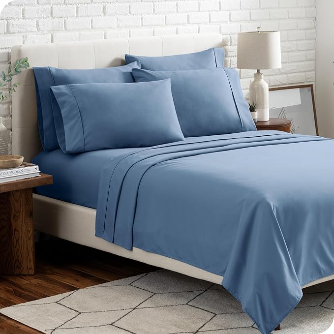 Bare Home Hotel Luxury Sheet Set, Extra Soft - 6 Piece Set - Deep Pockets - Easy Fit - Cooling & Breathable - Wrinkle, Fade, Stain Resistant - Includes 4 Pillowcases (Short Queen, Coronet Blue)