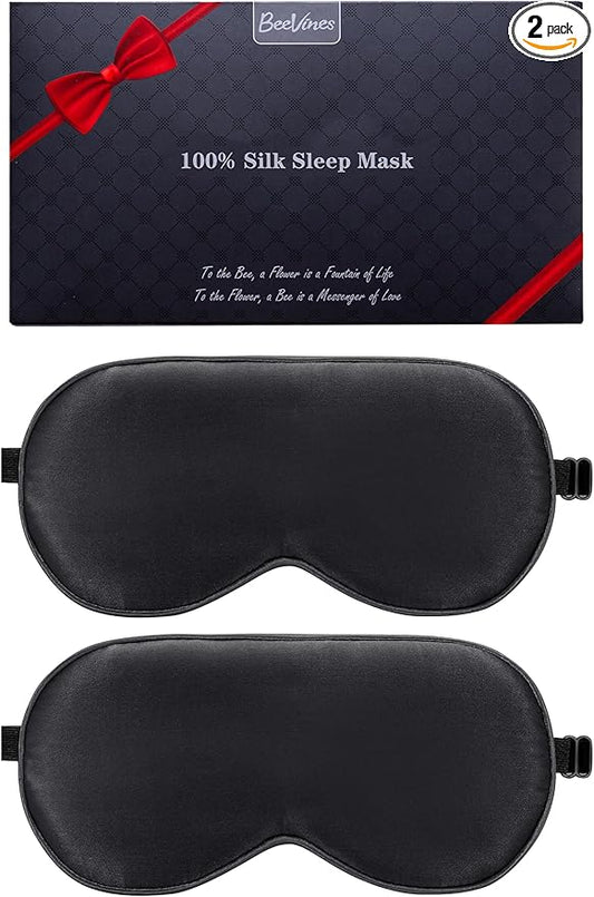 BeeVines Sleep Mask, 2 Pack 100% Real Natural Silk Eye Masks with Adjustable Strap for Sleeping, Mulberry Silk Eye Sleep Shade Cover, Blocks Light Reduces Puffy Eyes Traveling Gifts (Black & Black)