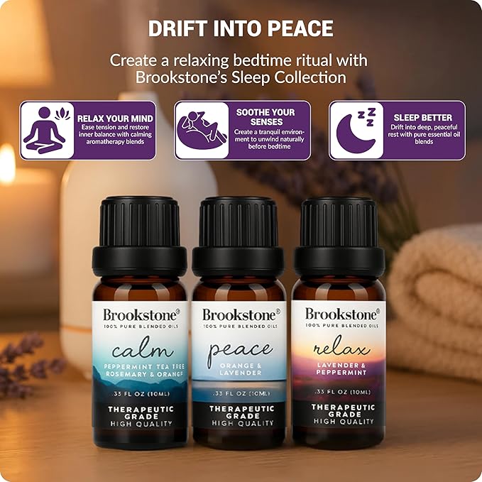Brookstone Essential Oil Blends Sleep Collection | Organic Essential Oil Set for Aromatherapy Diffuser, Massage Oil and Candle Scents | 3-Pack 10ml Bottles