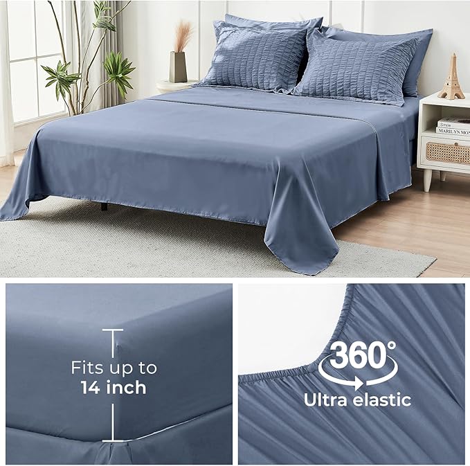 HYMOKEGE Nordic Blue California King Comforter Set Seersucker 7 Pieces, All Season Luxury Bed in a Bag for Bedroom, Bedding Set with Comforter, Sheets, Pillowcases & Shams