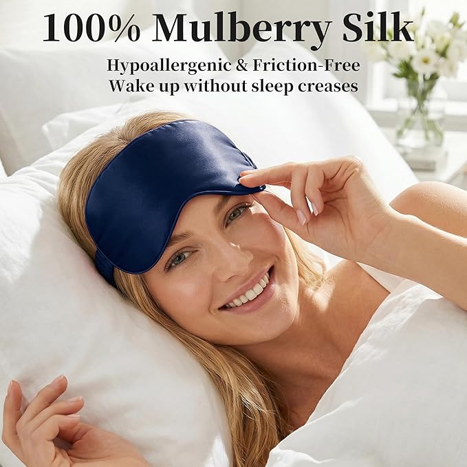 ZLYC 100% Mulberry Silk Sleep Mask Pressure-Free Eye Cover Soft Light Blocking Blindfold for Travel & Nap, Solid Navy