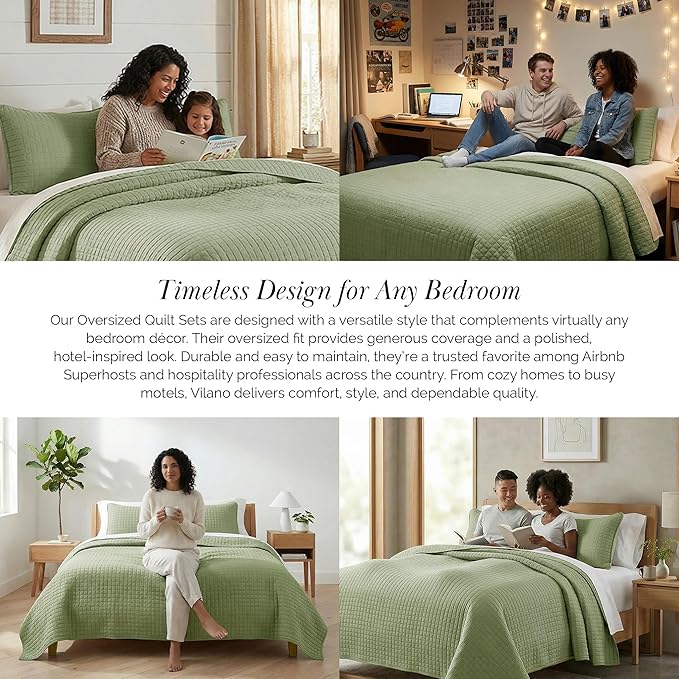 Southshore Fine Living, Inc. Oversized King Quilt Bedding Set, Pet Hair Resistant Bedding, Microfiber Lightweight Bedspread for Summer, Green Coverlet Set w/2 Pillow Shams, Sage Green Quilt King