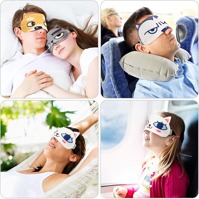 4 Pieces Kids Sleeping Mask Cat Dog Funny Animal Sleep Eye Mask Blindfold for Adults with Adjustable Strap Soft Cute Eyeshade Cover for Blocking Out Lights Sweet Sleep Travel Relax, Nap, Meditation