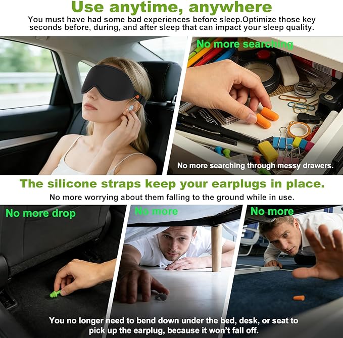3D Contoured Sleep Mask with Earplug Retainer Cord,100% Pressure-Free & Total Light Blocking Eye Mask with Adjustable Strap. Ideal for Sleep Earplug User, Airplane Travel, Meditation Grey