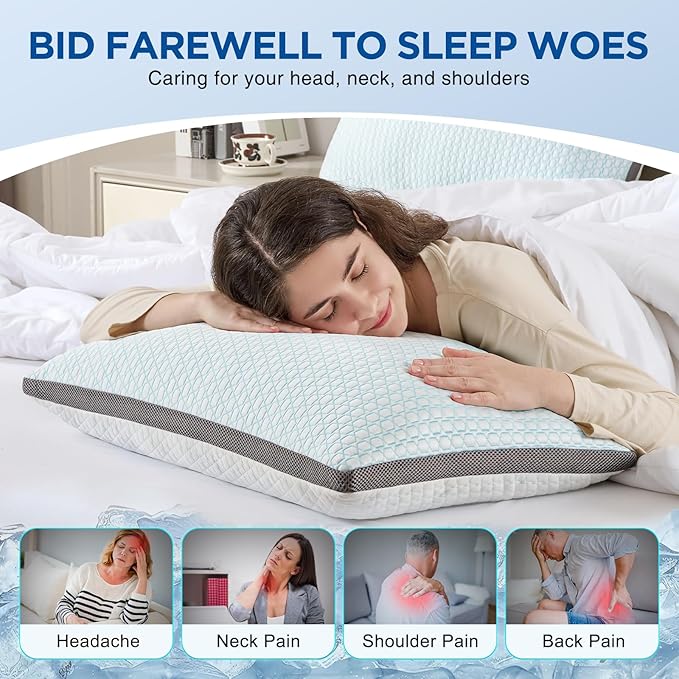 Cooling Pillows Standard Size Set of 2, Shredded Memory Foam Pillows 2 Pack, Bed Pillow for Hot Sleepers Adjustable Firm Pillow for Side, Back and Stomach Sleepers, Machine Washable