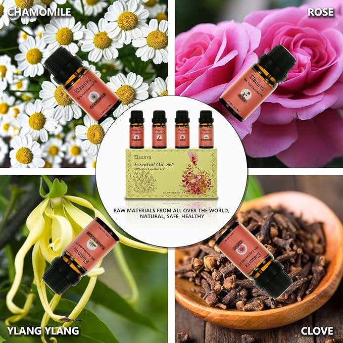 Essential Oils Set,100% Pure Natural,4 Scents(Clove/Chamomile/Rose/Ylang),for Valentine's Day GIF and Home Fragrance,Aroma Therapy Oil,Gift for Friends/Family (0.33Fl Oz*4, Flower Set)