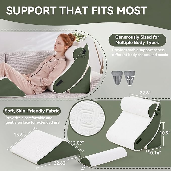 5PCS Wedge Pillow Set for After Surgery,Bed Orthopedic Pillow for Sleeping, Memory Foam Back Pillow for Pain Relief and Acid Reflux, Adjustable Sitting Up for Bed Post Surgery Pillow Green