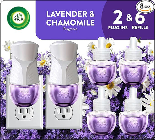 Air Wick Plug in Scented Oil Starter Kit, 2 Warmers + 6 Refills, Lavender & Chamomile, Eco Friendly, Essential Oils, Air Freshener