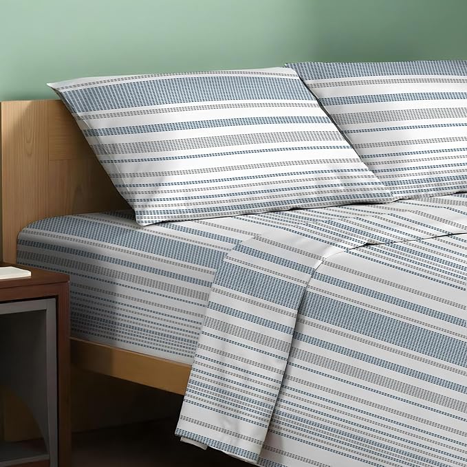 TEXAS LINEN CO. 100% Organic Cotton Printed Sheets Twin XL Size - 3 PC Organic Cotton Percale Sheets Twin XL (Dotted Stripe), Cooling Sheet for Dorm Room, 16" Deep Pocket Hotel Set - GOTS Certified