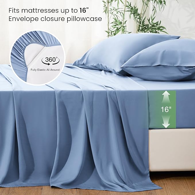 Love's cabin 4 Piece Full Size Sheet Set, 100% Rayon Derived from Bamboo, Cooling & Breathable, Soft Silky Deep Pocket up to 16", Hotel Luxury Bedding for Hot Sleepers, Mineral Blue