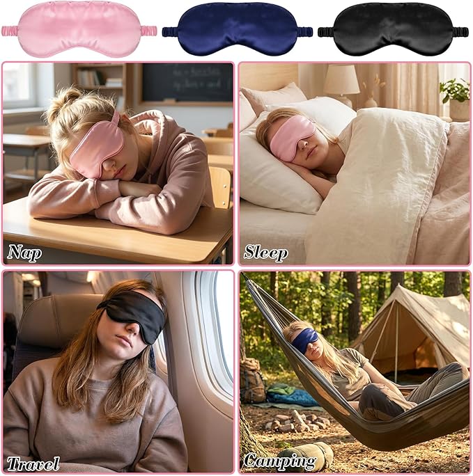 3 Pcs Sleep Mask, Block Light Eye Sleep Shade Cover Silk Eye Mask for Night Sleeping Office Travel Suitable for Men Women (Pink/Black/Dark Blue)