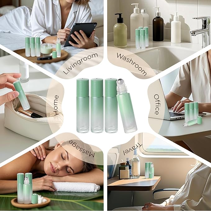 SESENSE Essential Oil Roller Bottles, 10ml Thick Glass Perfume Roller Bottles with Funnel Opener and Dropper Colored Glass Empty Bottles with Stainless Steel Roller Balls (Green, 4 Pack)