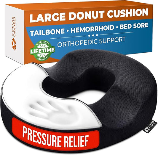 5 STARS UNITED Donut Pillow Hemorrhoid Tailbone Cushion – Large Floor Cushion for Pain Relief – Coccyx, Prostate, Sciatica, Pelvic Floor, Pressure Sores, Pregnancy, Postpartum Recovery, Black