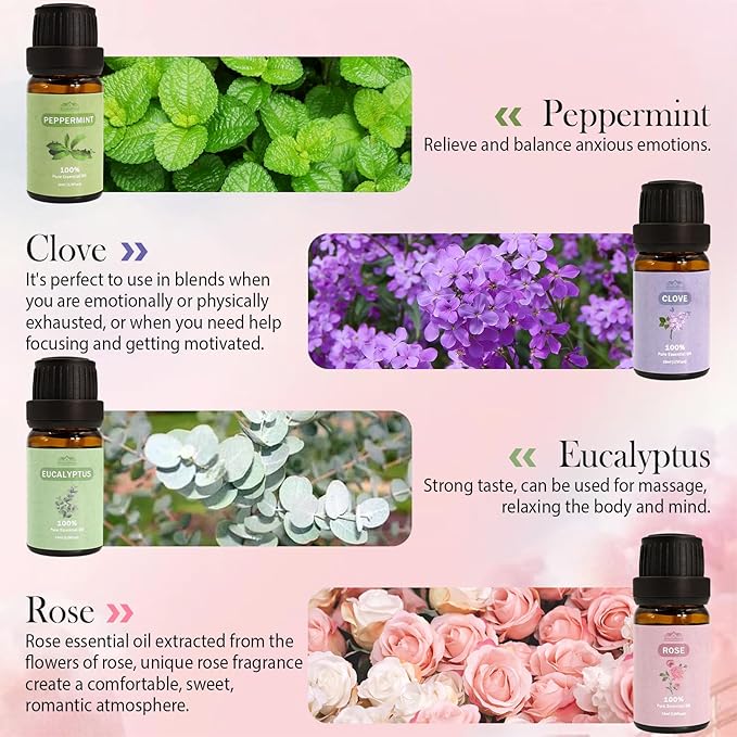 8 Pcs Pure Essential Oils Set for Diffuser, Home Care, Candle, Soap, Clean, Perfume, Laundry - Peppermint, Lavender, Rose, Clove-Organic Aromatherapy for Women and Mom Gift 10ml Each Mother's Day