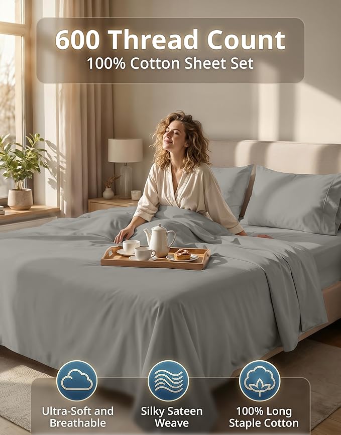 LANE LINEN Cal King Sheet Set - 600 Thread Count Premium Sateen Weave for Hotel Quality Softness - Extra Comy & Breathable Cotton Sheets for Luxury Guest Rooms - Oeko Tex Certified - Silver