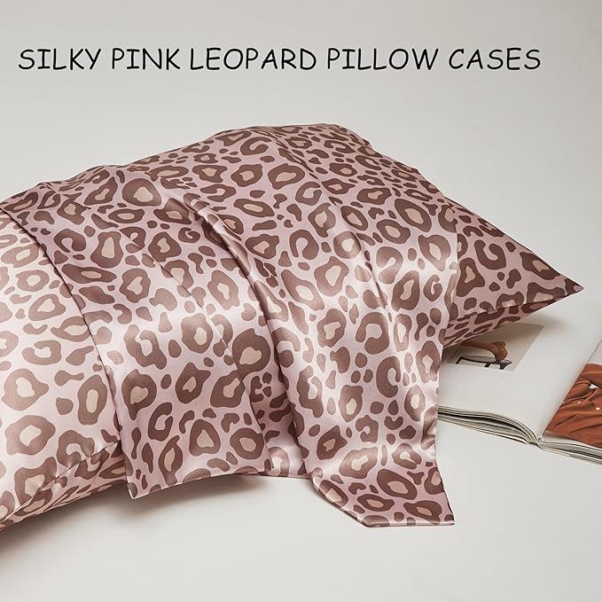 Satin Pillowcase for Hair and Skin, Soft and Cooling Similar to Silk Pillow Cases 2 Pack with Envelope Closure Standard Size Satin Pillow Covers, Gift for Women(20"x26", Leopard, Pink)