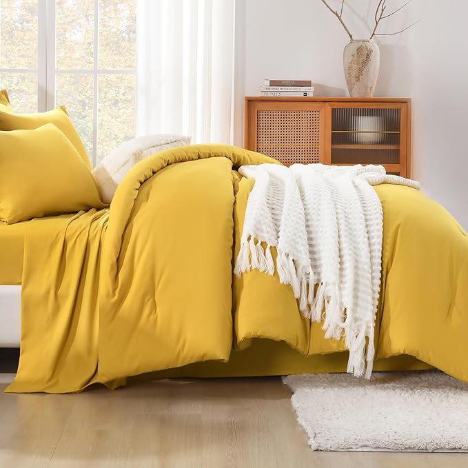 Litanika Comforter King Size Set Mustard Yellow - 7 Pieces Bed in a Bag King Bedding Comforter Sets, Plain Lightweight Bed Set with Comforter, Sheets, Pillowcases & Shams