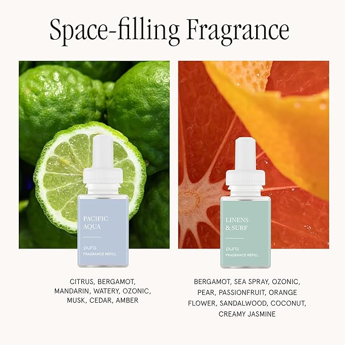Pura Smart Home Fragrance Device Starter Set - Pura 4 - Scent Diffuser for Home - Includes Fragrance Aroma Diffuser - Square Box, Pacific Aqua and Linens & Surf Scent Refills