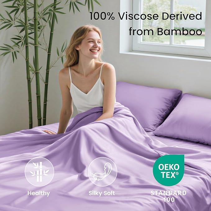 Love's cabin 4 Piece King Size Sheet Set, 100% Rayon Derived from Bamboo, Cooling & Breathable, Soft Silky Deep Pocket up to 16", Hotel Luxury Bedding for Hot Sleepers, Lavender