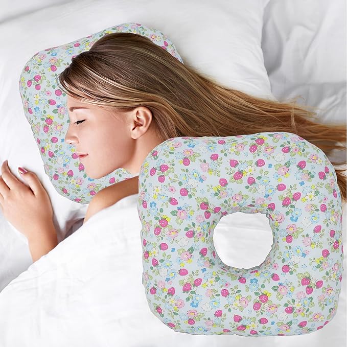 Ear Piercing Pillow for Side Sleepers, Pillow with an Ear Hole for CNH and Ear Pain Ear Inflammation Pressure Sores, O-Shaped Side Sleeping Pillow, Ear Guard Pillow (Blue Strawberry)