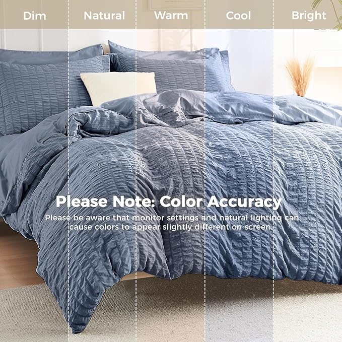 HYMOKEGE Nordic Blue Queen Comforter Set Seersucker 7 Pieces, All Season Luxury Bed in a Bag Queen for Bedroom, Bedding Set with Comforter, Sheets, Pillowcases & Shams