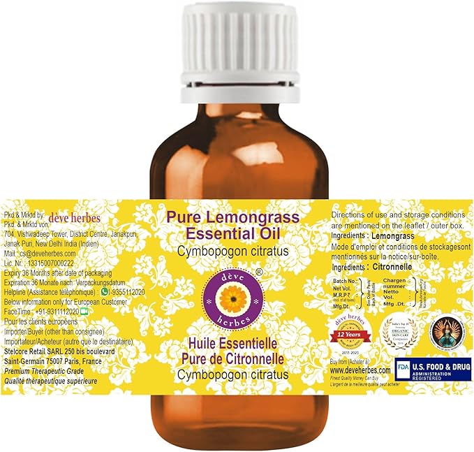 Deve Herbes Pure Lemongrass Essential Oil (Cymbopogon citratus) Steam Distilled 2ml (0.06 oz)