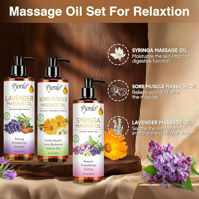 Pjordo Body Massage Oil for Massage Therapy Kit, Lilac, Lavender, Sore Muscle Arnica Oil with Massage Roller Ball, Relaxing Massage Oils for Pain Relief, Spa Gift Set for Him Her