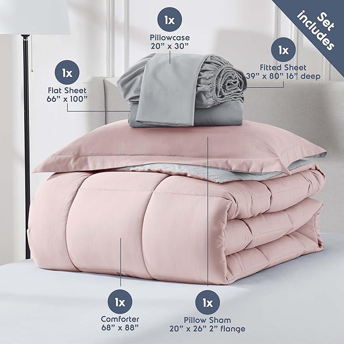 Nestl 7 Piece Twin XL Comforter Set – Blush Pink Reversible Bed in a Bag – Complete Twin XL Size Bedding Set with Sheets, Set of 2 Cooling Pillows, Pillowcase and Sham