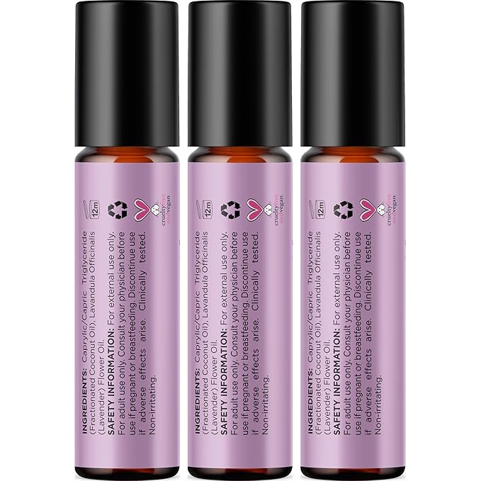 Lavender Essential Oil Roll On - Calming Aromatherapy Oil Roller for Sleep Headaches and Relaxation - Natural Pre-Diluted Sleep Oil for Nighttime Relaxation with Lavender Essential Oil for Skin 3-Pack